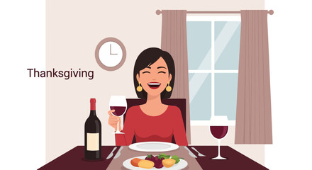 Cheerful Woman Enjoying Thanksgiving Dinner With Wine At Home Celebration