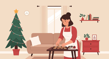 Cheerful Woman Prepares Festive Holiday Cookies Beside Decorated Christmas Tree