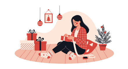 Cheerful Woman Unwrapping Gifts During Christmas Celebration At Home Decoration