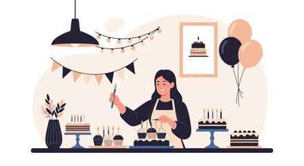 Cheerful Woman Preparing For Birthday Lights Candles On Cupcakes And Cake
