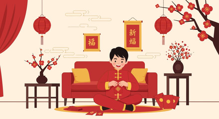 Cheerful Young Man Celebrating Chinese New Year With Traditional Decorations