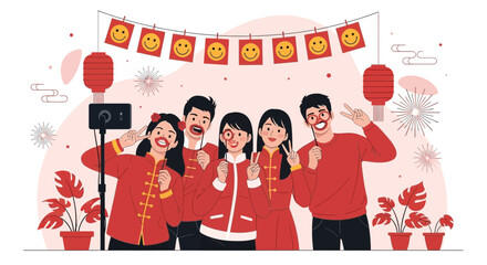 Cheerful Young People Celebrating Chinese Lunar New Year With Decorative Props