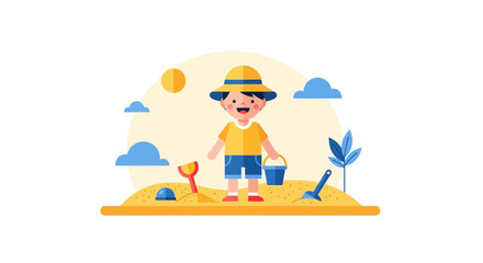 Cheerful Youngster Having Fun at the Beach with Sandcastle Creations and Summer Joy