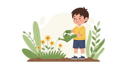 Cute Boy Gardening Watering Flowers In The Garden With Watering Can