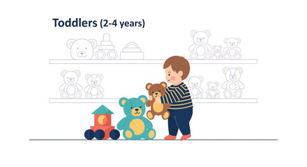 Cute Boy Playing With Plush Bears In A Brightly Decorated Nursery