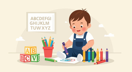 Cute Cartoon Boy Is Drawing With Color Pencils Education And Child Development