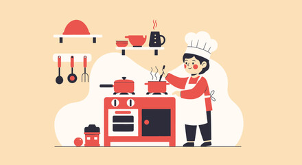 Cute Cook Preparing Food On The Stove With Kitchenware Around Illustration