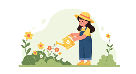 Cute Gardener Girl Watering Flowers In Springtime Illustration For Garden Concept