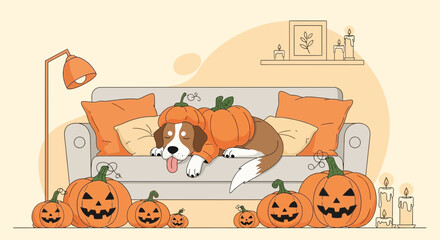 Cute Dog Dressed As Pumpkin Sleeps On Couch Surrounded By Halloween Decorations