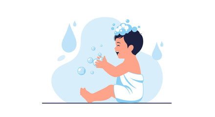 Cute Infant Enjoying Bubble Bath Playtime Freshness Illustration Vector Design