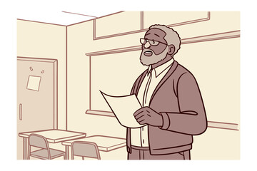 An experienced elderly black professor with glasses and a beard stands in a classroom holding papers and addressing students