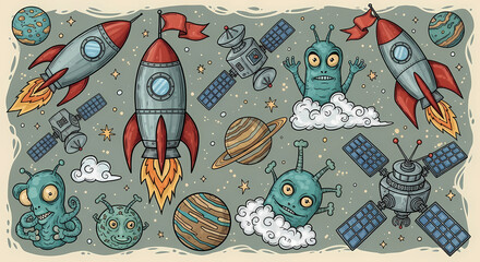 Set of quirky space exploration illustrations. Doodle drawings of retro rockets, aliens, planets, and satellites. Sci-fi comic book style with a vintage touch