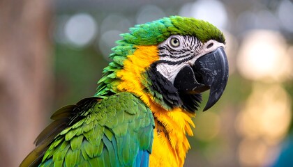 Close-up of a vibrant parrot's head and neck.  Bright yellow, green, and blue plumage.  Sharp beak, focused on subject, soft background bokeh