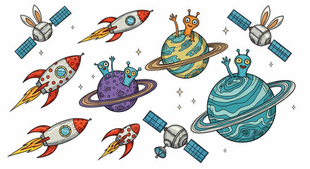 Set of quirky space exploration illustrations. Doodle drawings of retro rockets, aliens, planets, and satellites. Sci-fi comic book style with a vintage touch