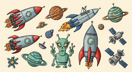 Set of quirky space exploration illustrations. Doodle drawings of retro rockets, aliens, planets, and satellites. Sci-fi comic book style with a vintage touch
