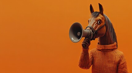 Horse on a loudspeaker on a yellow background