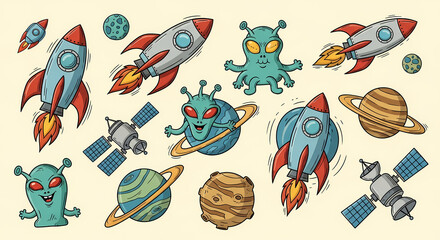 Set of quirky space exploration illustrations. Doodle drawings of retro rockets, aliens, planets, and satellites. Sci-fi comic book style with a vintage touch