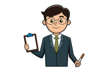 Friendly cartoon businessman in a suit holding a clipboard and pen ready for presentation or meeting