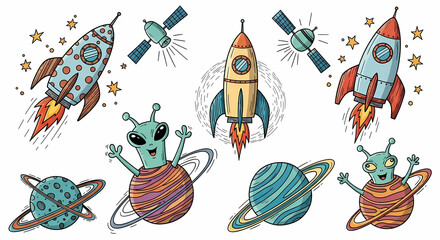 Set of quirky space exploration illustrations. Doodle drawings of retro rockets, aliens, planets, and satellites. Sci-fi comic book style with a vintage touch
