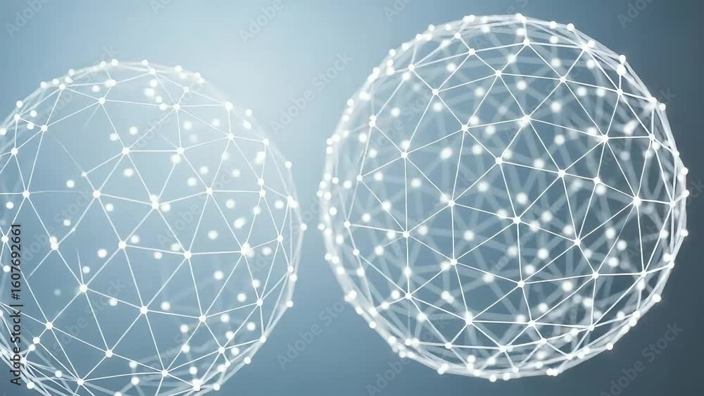 Poster two glowing interconnected spheres representing global networks and digital connections against a so