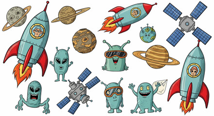 Set of quirky space exploration illustrations. Doodle drawings of retro rockets, aliens, planets, and satellites. Sci-fi comic book style with a vintage touch