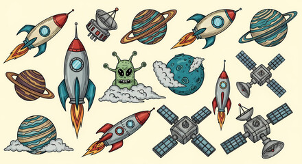 Set of quirky space exploration illustrations. Doodle drawings of retro rockets, aliens, planets, and satellites. Sci-fi comic book style with a vintage touch