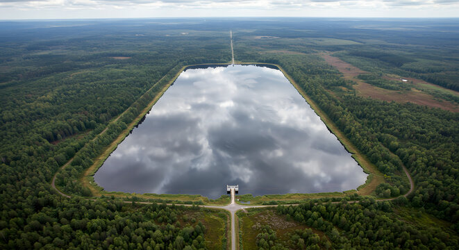 Aerial view of a large, rectangular reservoir surrounded by forest. - Powered by Adobe