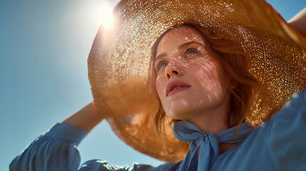 Woman holding a sun hat and looking up at the sky. Low angle.