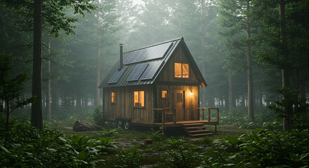 Cozy tiny house nestled in a misty forest, illuminated by warm interior light.