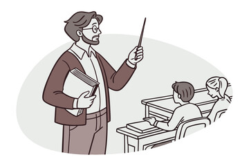 A bearded teacher with glasses holds a pointer and book addressing students sitting at desks in a classroom