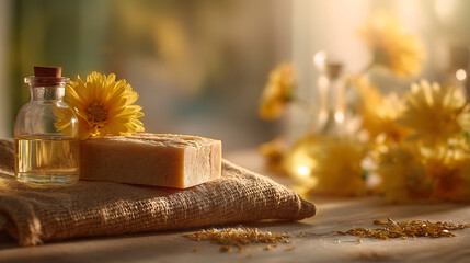 Natural handmade soap with golden oil and yellow flowers image