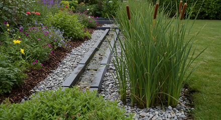 Obraz premium Serene garden water feature with gravel, plants, and cattails.