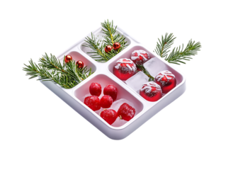 Festive christmas candies and pine sprigs arranged in a white divided tray isolated on transparent background