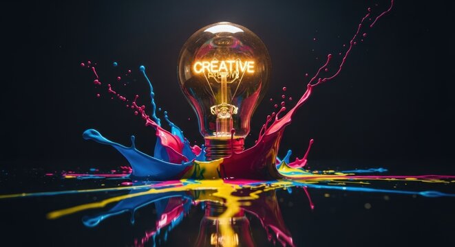 Lightbulb 'CREATIVE' surrounded by colorful splashes on a dark surface - Powered by Adobe
