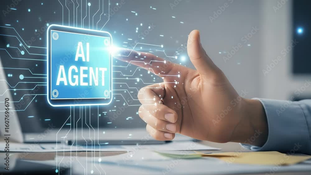 Poster a persons finger touches a glowing screen displaying ai agent with digital circuits and particles, r