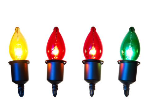Four colorful flame shaped christmas lights in a row isolated on transparent background
