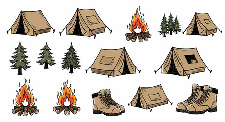 Playful hand-drawn camping and nature icons. Sketchy drawings of tents, pine trees, campfires, and hiking boots. Loose ink style with rustic charm