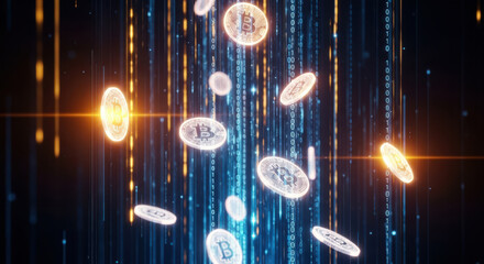 Digital currency streams cascade downwards through a futuristic glowing data matrix