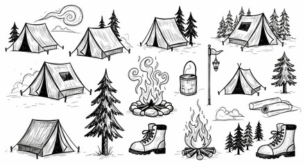Playful hand-drawn camping and nature icons. Sketchy drawings of tents, pine trees, campfires, and hiking boots. Loose ink style with rustic charm