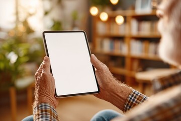 Elderly man using a tablet while relaxing in a cozy, well-lit room filled with plants