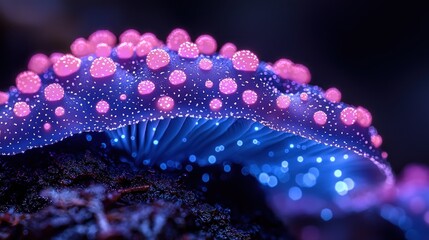 Luminous mushroom with pink dots, glowing blue gills, dark soil setting