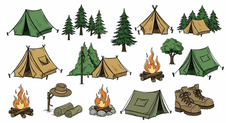 Playful hand-drawn camping and nature icons. Sketchy drawings of tents, pine trees, campfires, and hiking boots. Loose ink style with rustic charm