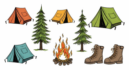 Playful hand-drawn camping and nature icons. Sketchy drawings of tents, pine trees, campfires, and hiking boots. Loose ink style with rustic charm