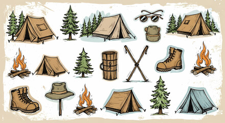 Playful hand-drawn camping and nature icons. Sketchy drawings of tents, pine trees, campfires, and hiking boots. Loose ink style with rustic charm