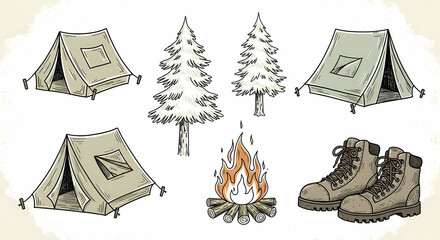 Playful hand-drawn camping and nature icons. Sketchy drawings of tents, pine trees, campfires, and hiking boots. Loose ink style with rustic charm