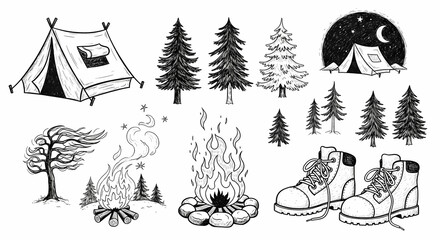 Playful hand-drawn camping and nature icons. Sketchy drawings of tents, pine trees, campfires, and hiking boots. Loose ink style with rustic charm