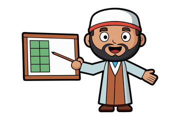 Friendly cartoon muslim man in traditional attire points to empty blackboard ready for instruction
