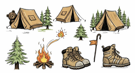 Playful hand-drawn camping and nature icons. Sketchy drawings of tents, pine trees, campfires, and hiking boots. Loose ink style with rustic charm