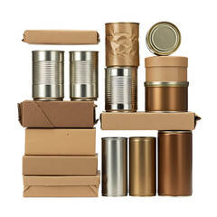 Canned Food and Recyclable Cardboard Packaging on Transparent Background

