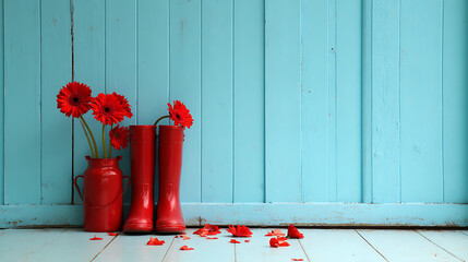 Red gerbera daisies in red vase and boots against blue wooden background red boots spring